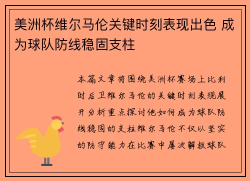 美洲杯维尔马伦关键时刻表现出色 成为球队防线稳固支柱